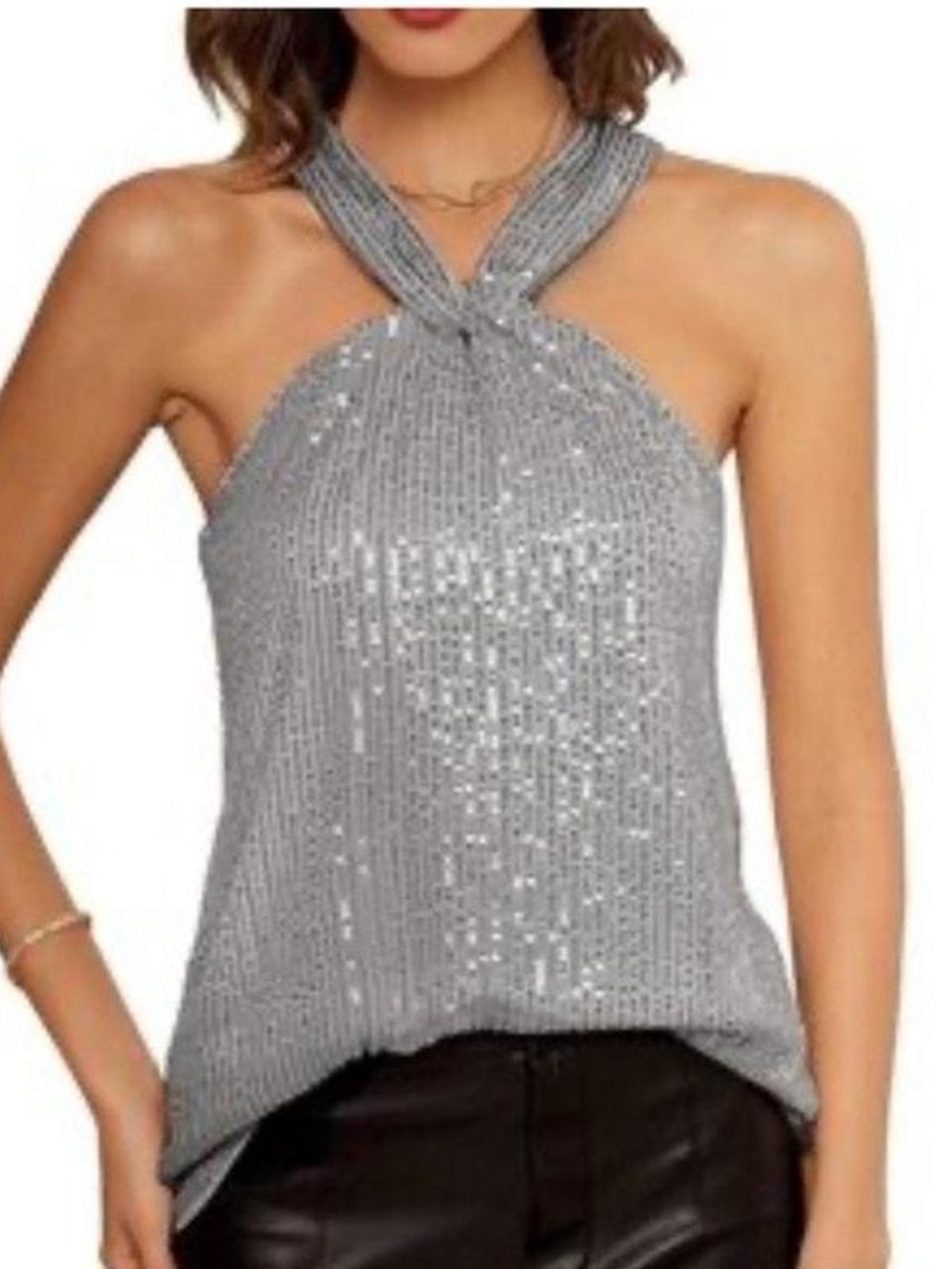 Women's Grace Karin Silver Sequin Halter Top Medium